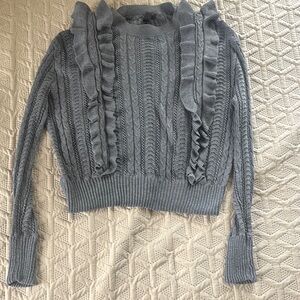 Alya Gray Cowl Neck Sweater with Cable Knit and Ruffle Details